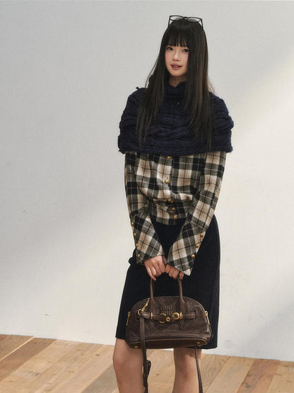 7Shiftin Plaid Colorblock Waist Cinch Dropped Shoulder Long Sleeve Women&