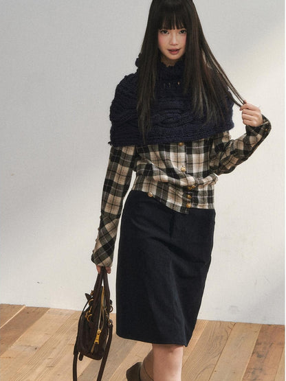 7Shiftin Plaid Colorblock Waist Cinch Dropped Shoulder Long Sleeve Women&