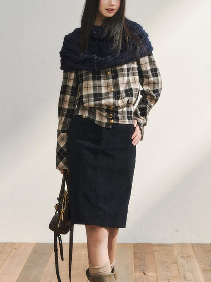 7Shiftin Plaid Colorblock Waist Cinch Dropped Shoulder Long Sleeve Women&