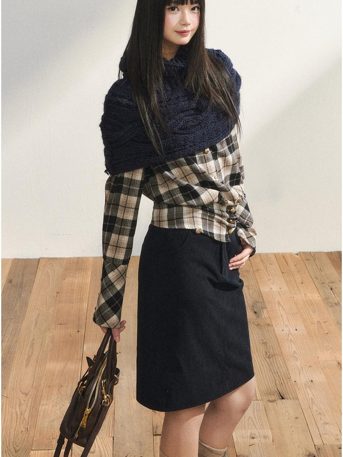 7Shiftin Plaid Colorblock Waist Cinch Dropped Shoulder Long Sleeve Women&