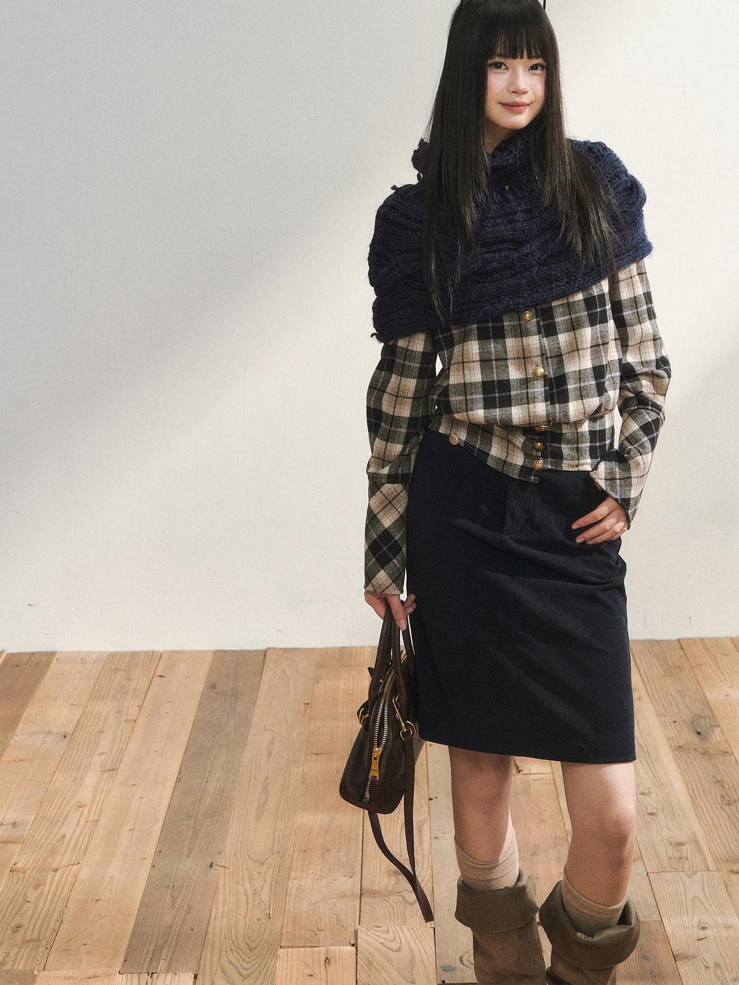 7Shiftin Plaid Colorblock Waist Cinch Dropped Shoulder Long Sleeve Women&