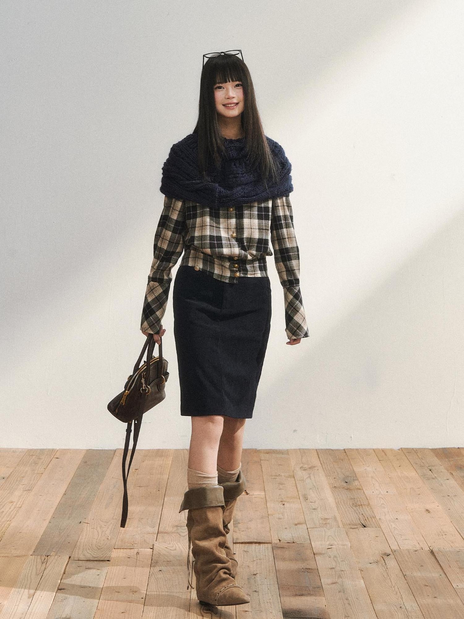 7Shiftin Plaid Colorblock Waist Cinch Dropped Shoulder Long Sleeve Women&