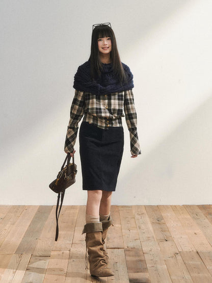 7Shiftin Plaid Colorblock Waist Cinch Dropped Shoulder Long Sleeve Women&