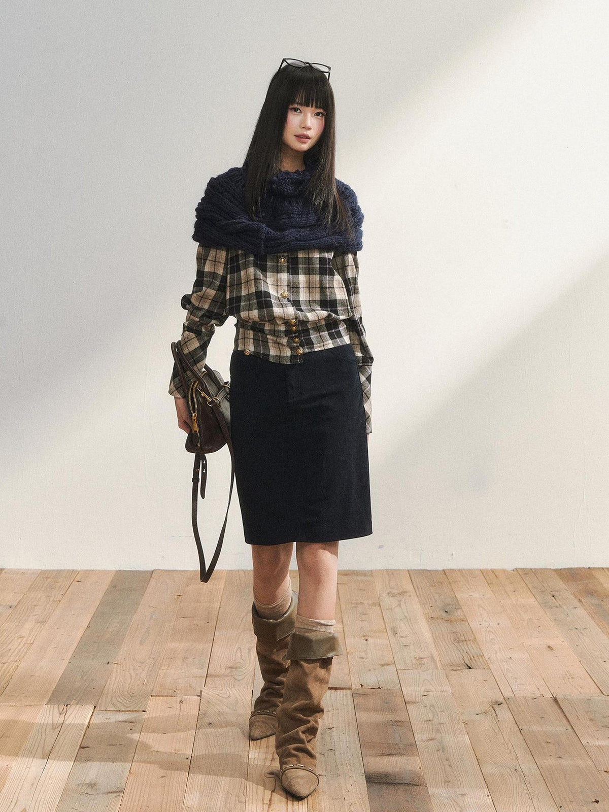 7Shiftin Plaid Colorblock Waist Cinch Dropped Shoulder Long Sleeve Women&
