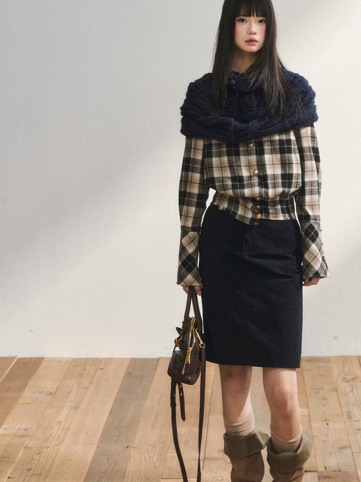7Shiftin Plaid Colorblock Waist Cinch Dropped Shoulder Long Sleeve Women&