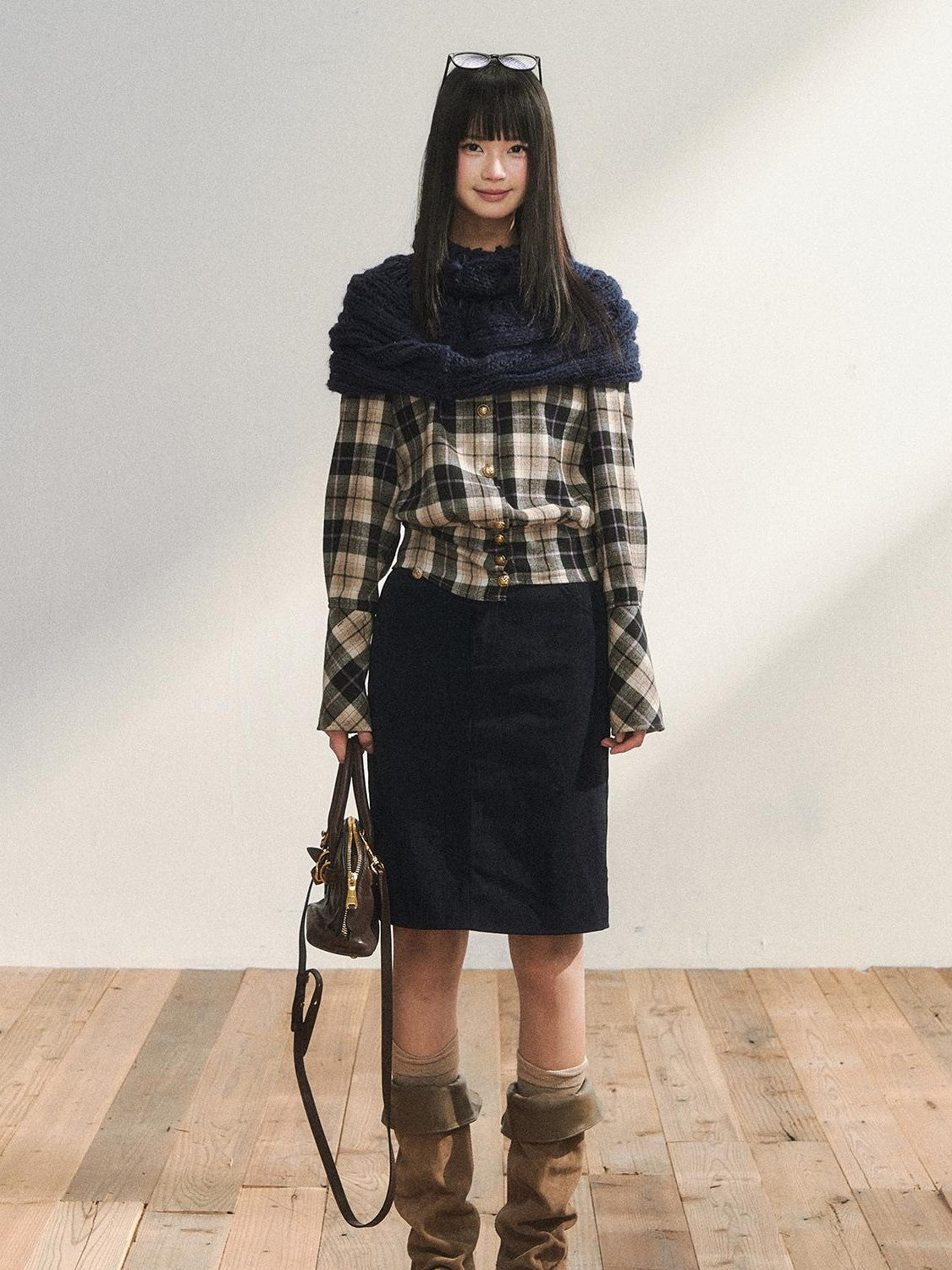 7Shiftin Plaid Colorblock Waist Cinch Dropped Shoulder Long Sleeve Women&