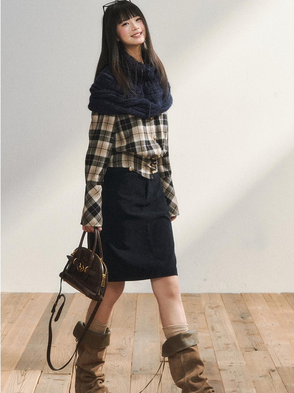 7Shiftin Plaid Colorblock Waist Cinch Dropped Shoulder Long Sleeve Women&
