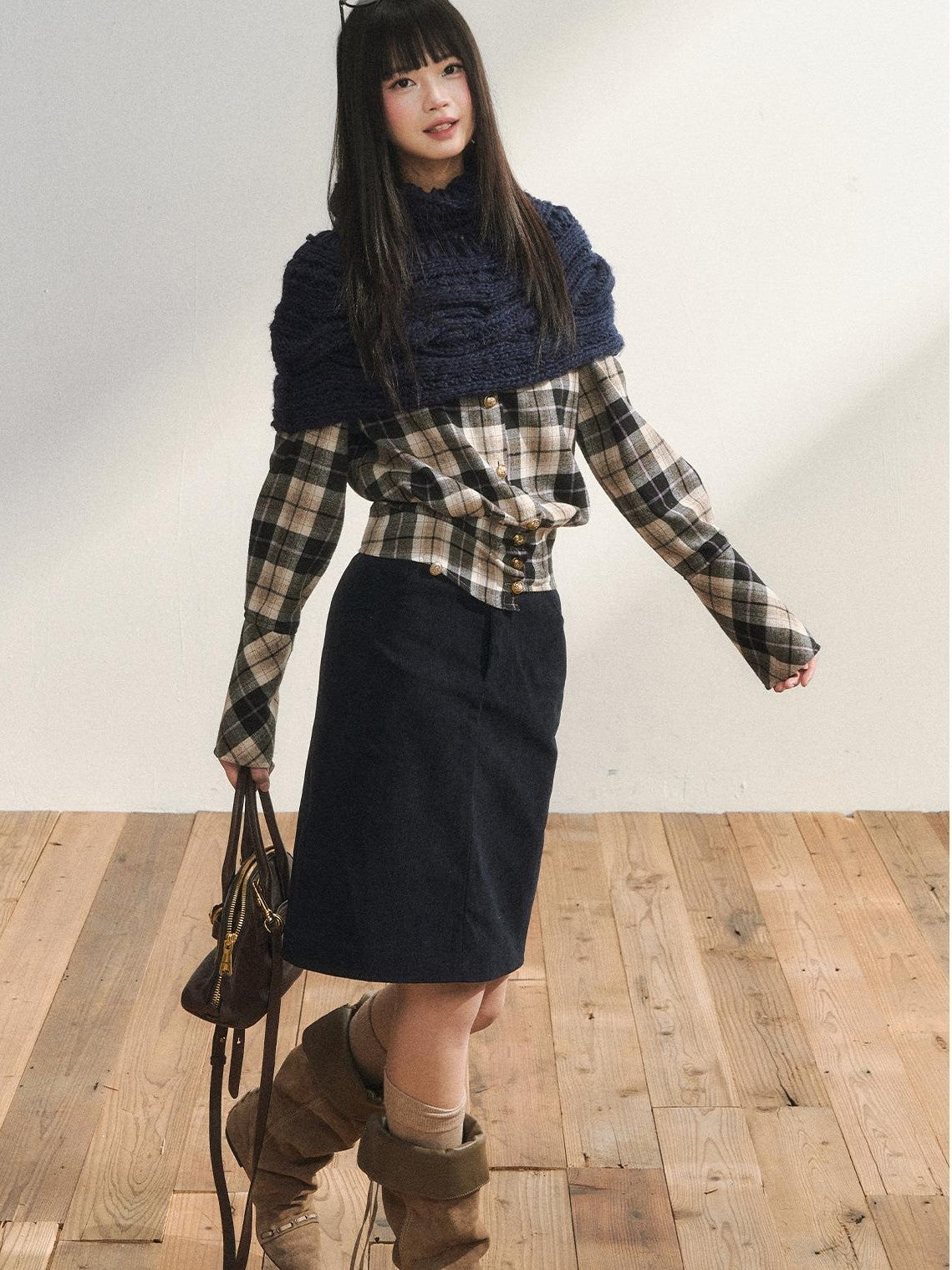 7Shiftin Plaid Colorblock Waist Cinch Dropped Shoulder Long Sleeve Women&