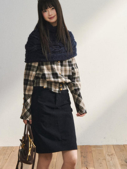 7Shiftin Plaid Colorblock Waist Cinch Dropped Shoulder Long Sleeve Women&