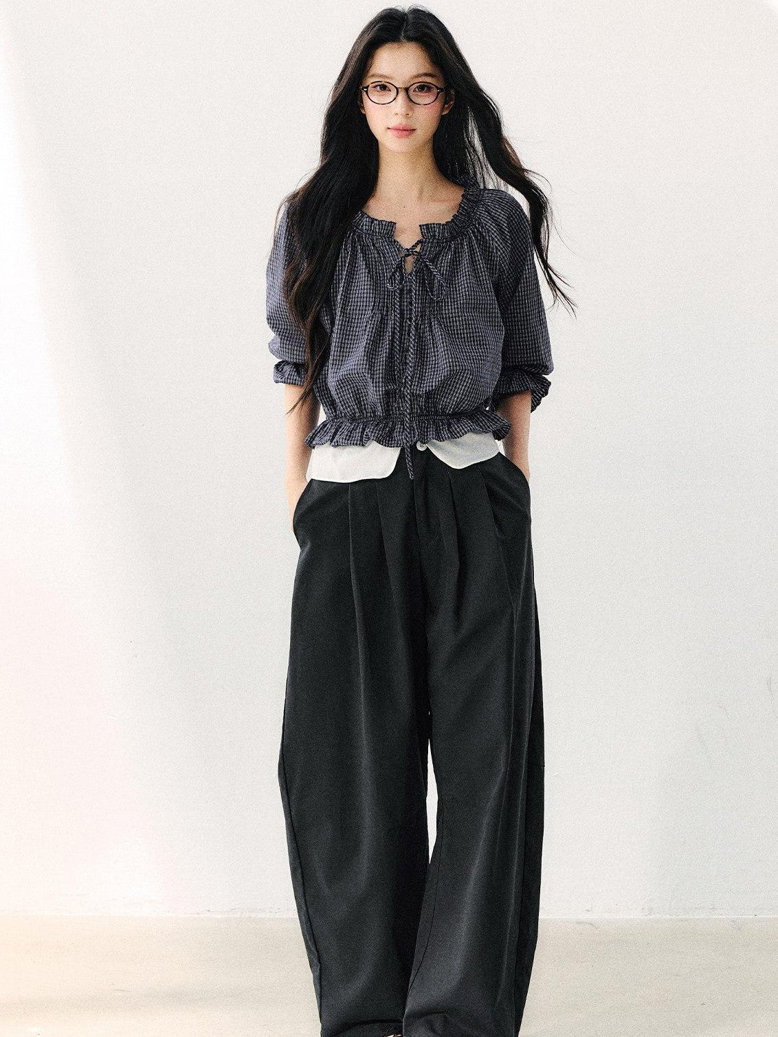 7Shiftin Plaid Puff Sleeve Tie Waist Cropped Women&