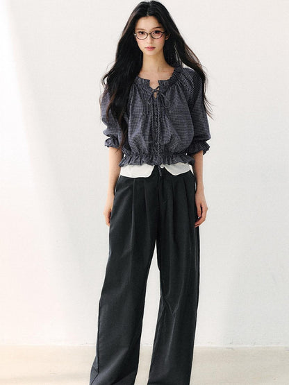 7Shiftin Plaid Puff Sleeve Tie Waist Cropped Women&