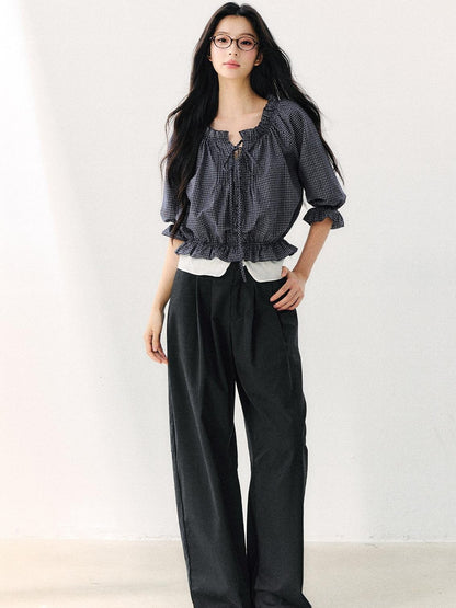 7Shiftin Plaid Puff Sleeve Tie Waist Cropped Women&