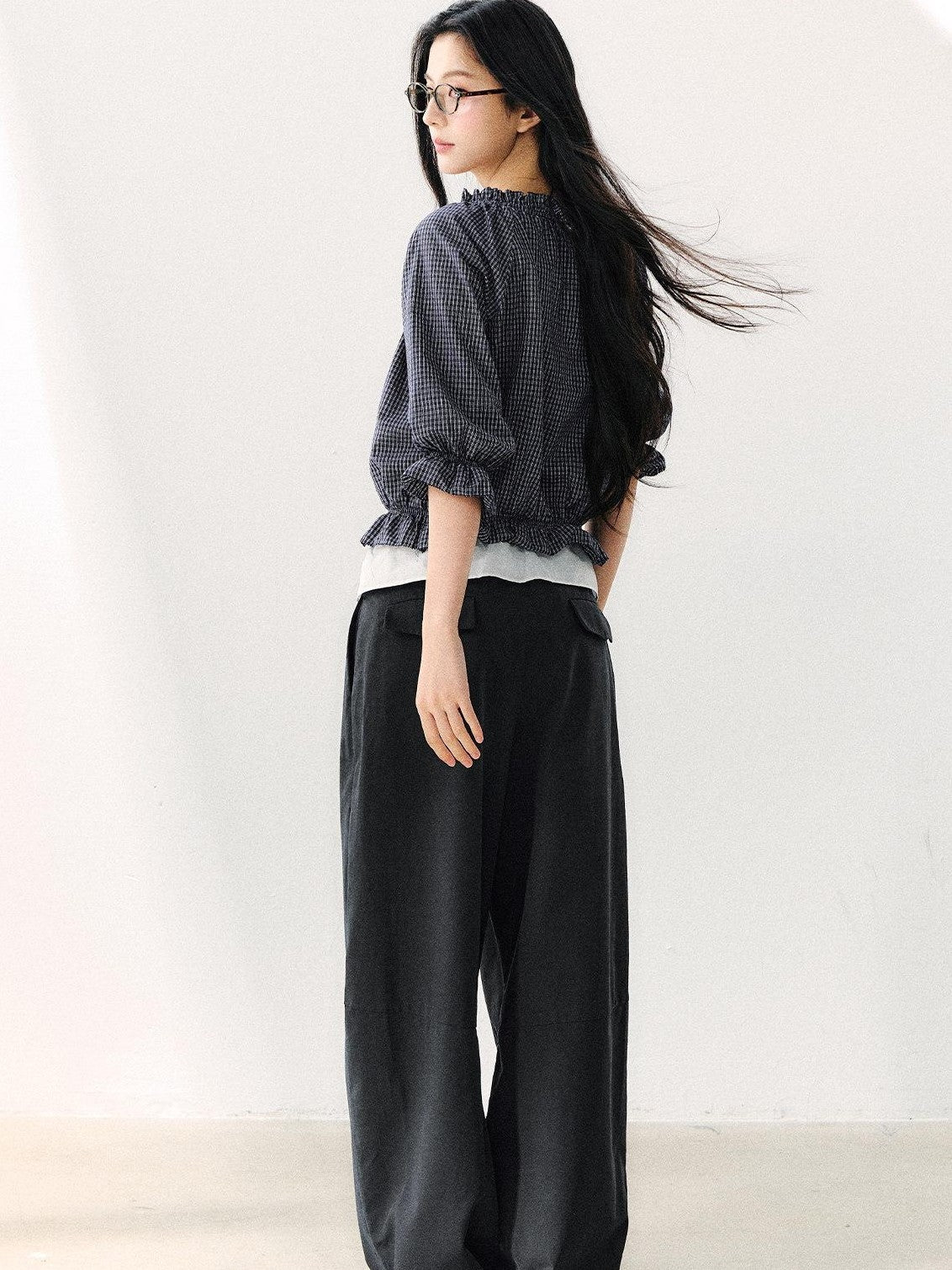 7Shiftin Plaid Puff Sleeve Tie Waist Cropped Women&