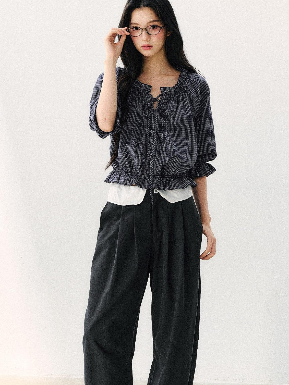 7Shiftin Plaid Puff Sleeve Tie Waist Cropped Women&
