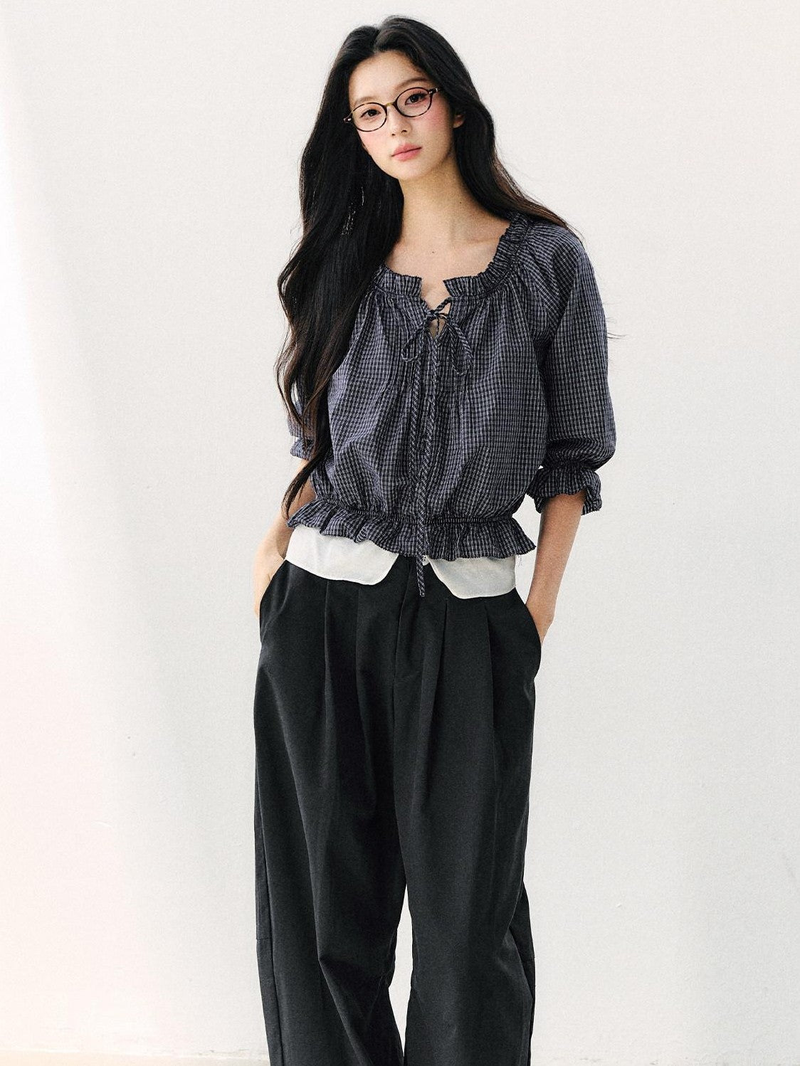 7Shiftin Plaid Puff Sleeve Tie Waist Cropped Women&