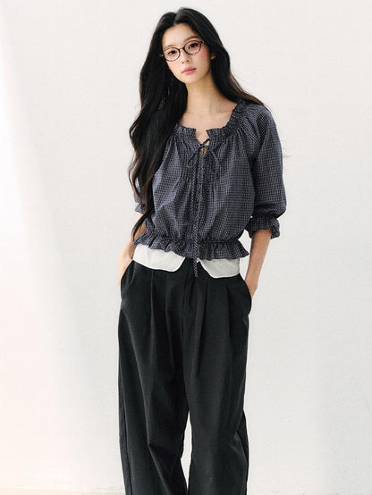 7Shiftin Plaid Puff Sleeve Tie Waist Cropped Women&