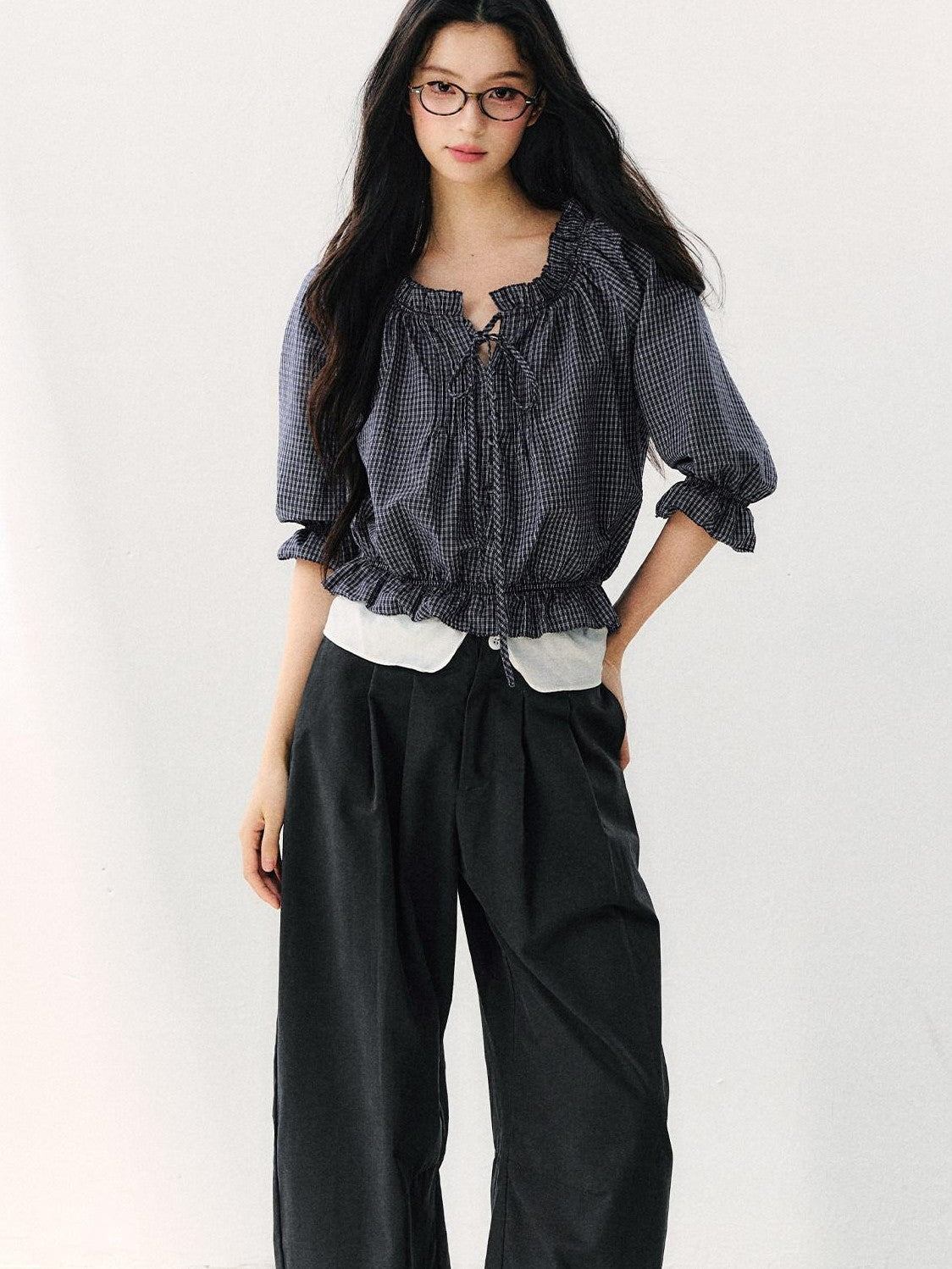7Shiftin Plaid Puff Sleeve Tie Waist Cropped Women&