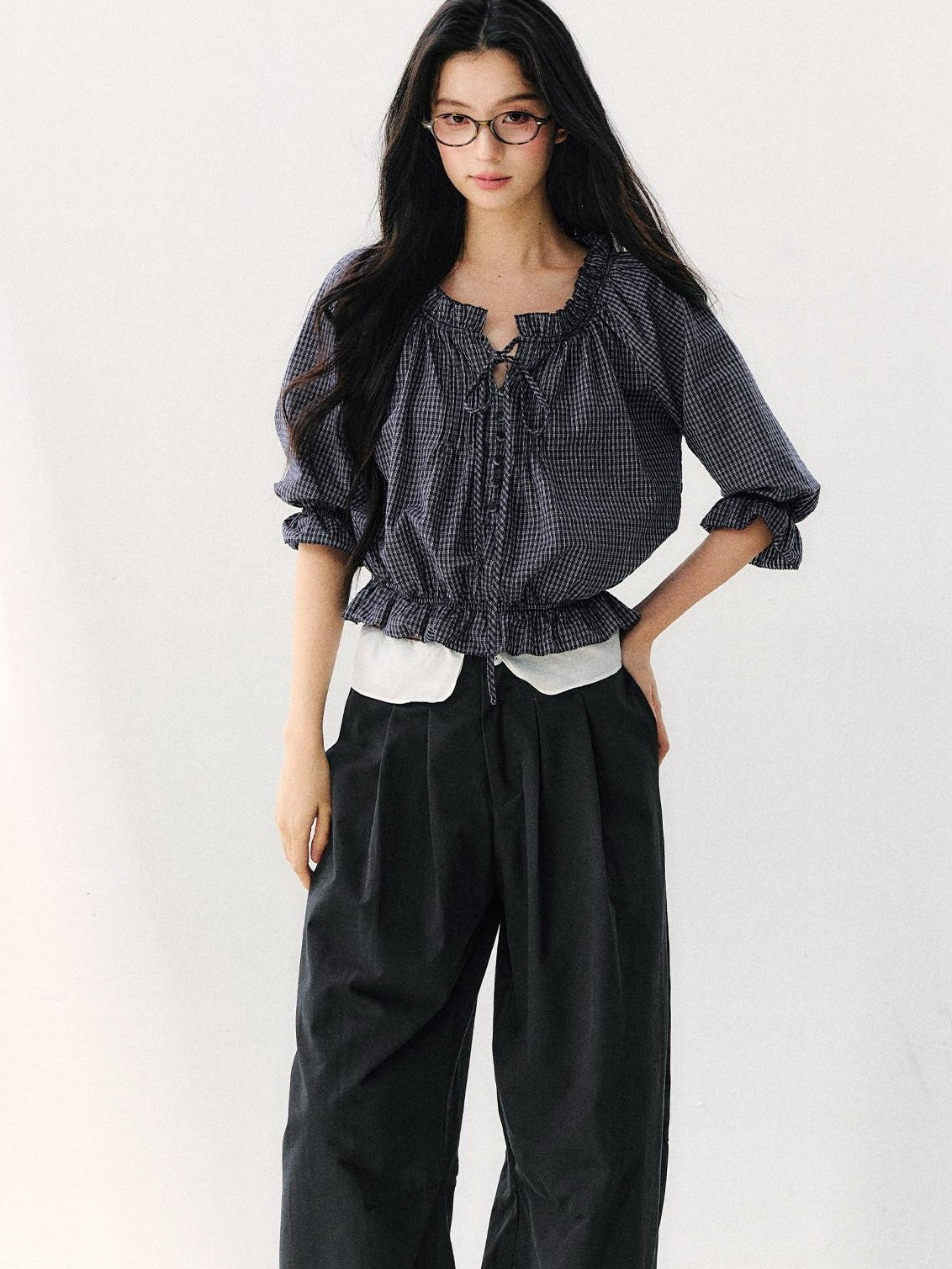 7Shiftin Plaid Puff Sleeve Tie Waist Cropped Women&