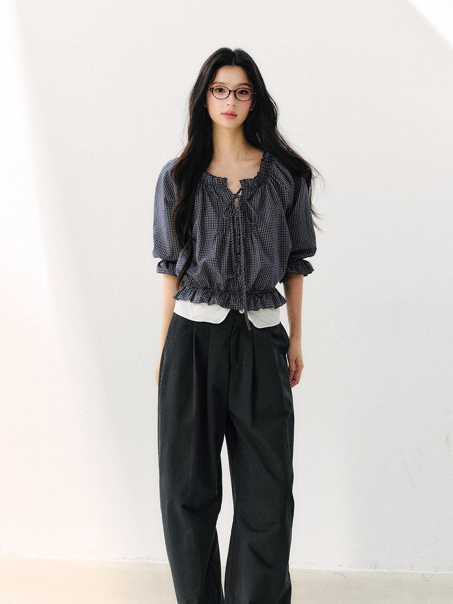 7Shiftin Plaid Puff Sleeve Tie Waist Cropped Women&