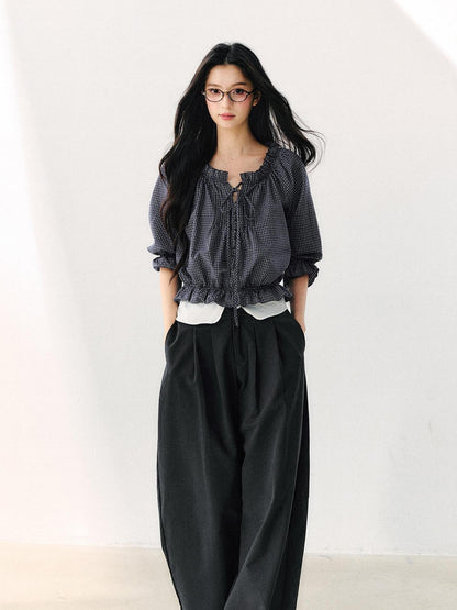 7Shiftin Plaid Puff Sleeve Tie Waist Cropped Women&