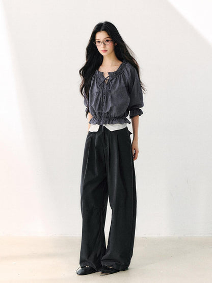 7Shiftin Plaid Puff Sleeve Tie Waist Cropped Women&