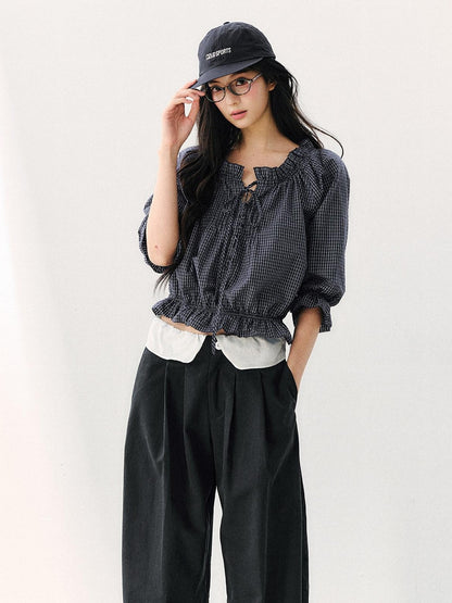 7Shiftin Plaid Puff Sleeve Tie Waist Cropped Women&