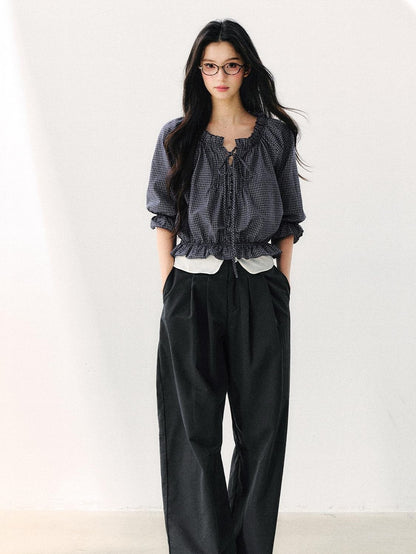 7Shiftin Plaid Puff Sleeve Tie Waist Cropped Women&