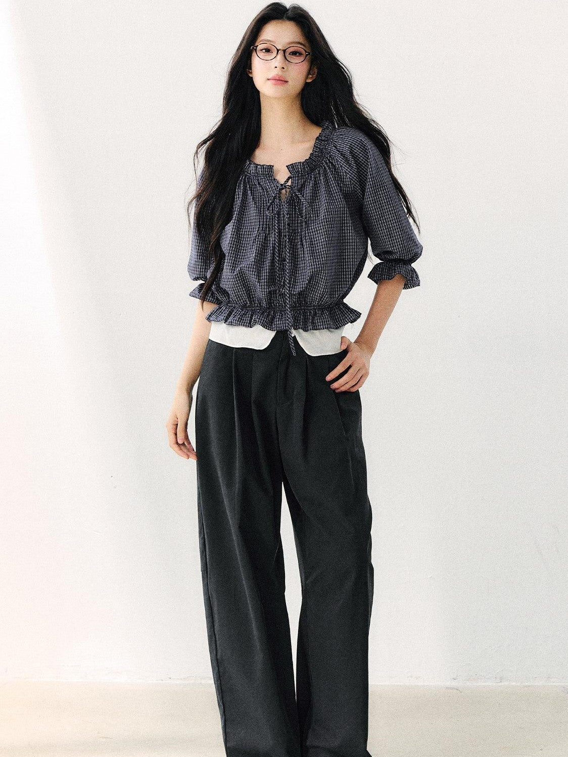 7Shiftin Plaid Puff Sleeve Tie Waist Cropped Women&