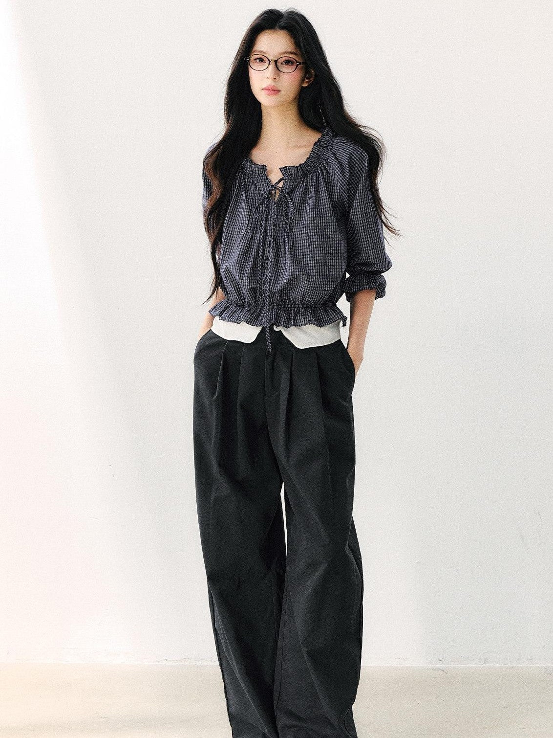 7Shiftin Plaid Puff Sleeve Tie Waist Cropped Women&