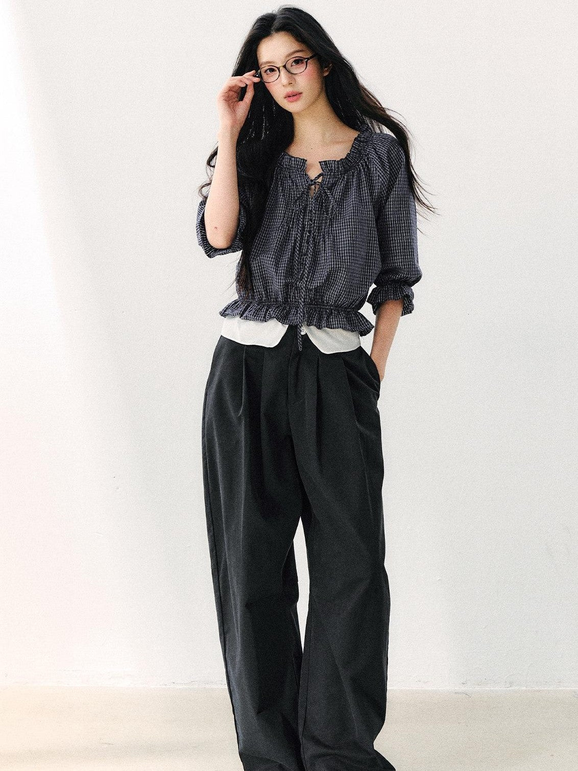7Shiftin Plaid Puff Sleeve Tie Waist Cropped Women&