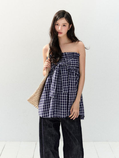 7Shiftin Plaid Strapless Two Piece Set Casual Slim Women&