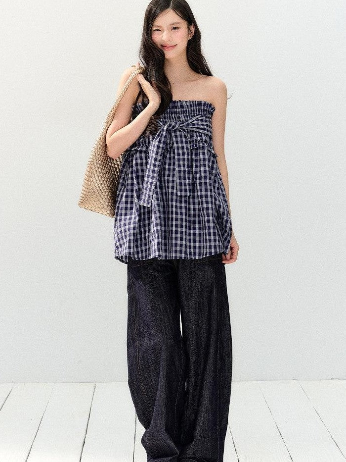 7Shiftin Plaid Strapless Two Piece Set Casual Slim Women&