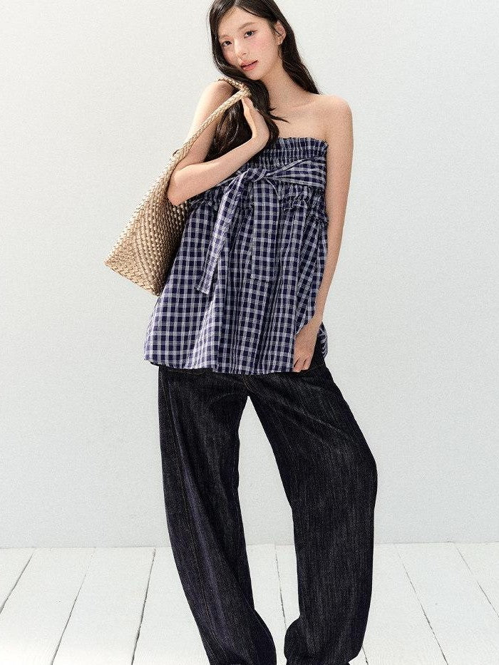 7Shiftin Plaid Strapless Two Piece Set Casual Slim Women&