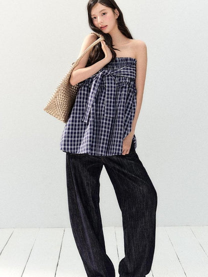 7Shiftin Plaid Strapless Two Piece Set Casual Slim Women&