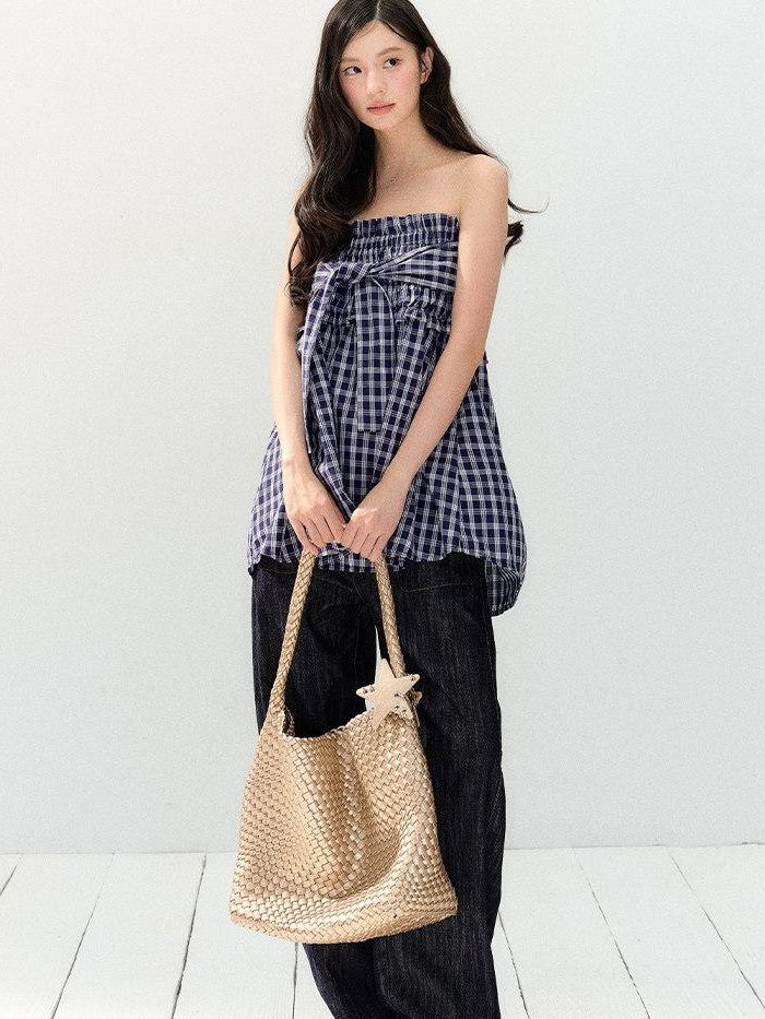 7Shiftin Plaid Strapless Two Piece Set Casual Slim Women&