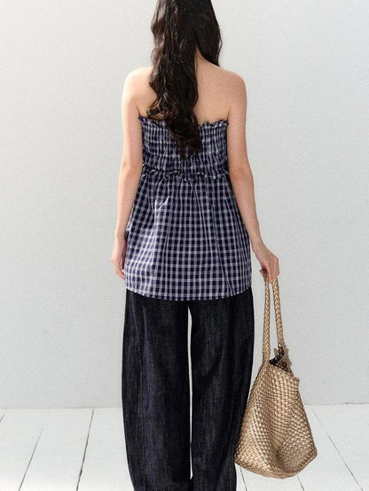 7Shiftin Plaid Strapless Two Piece Set Casual Slim Women&