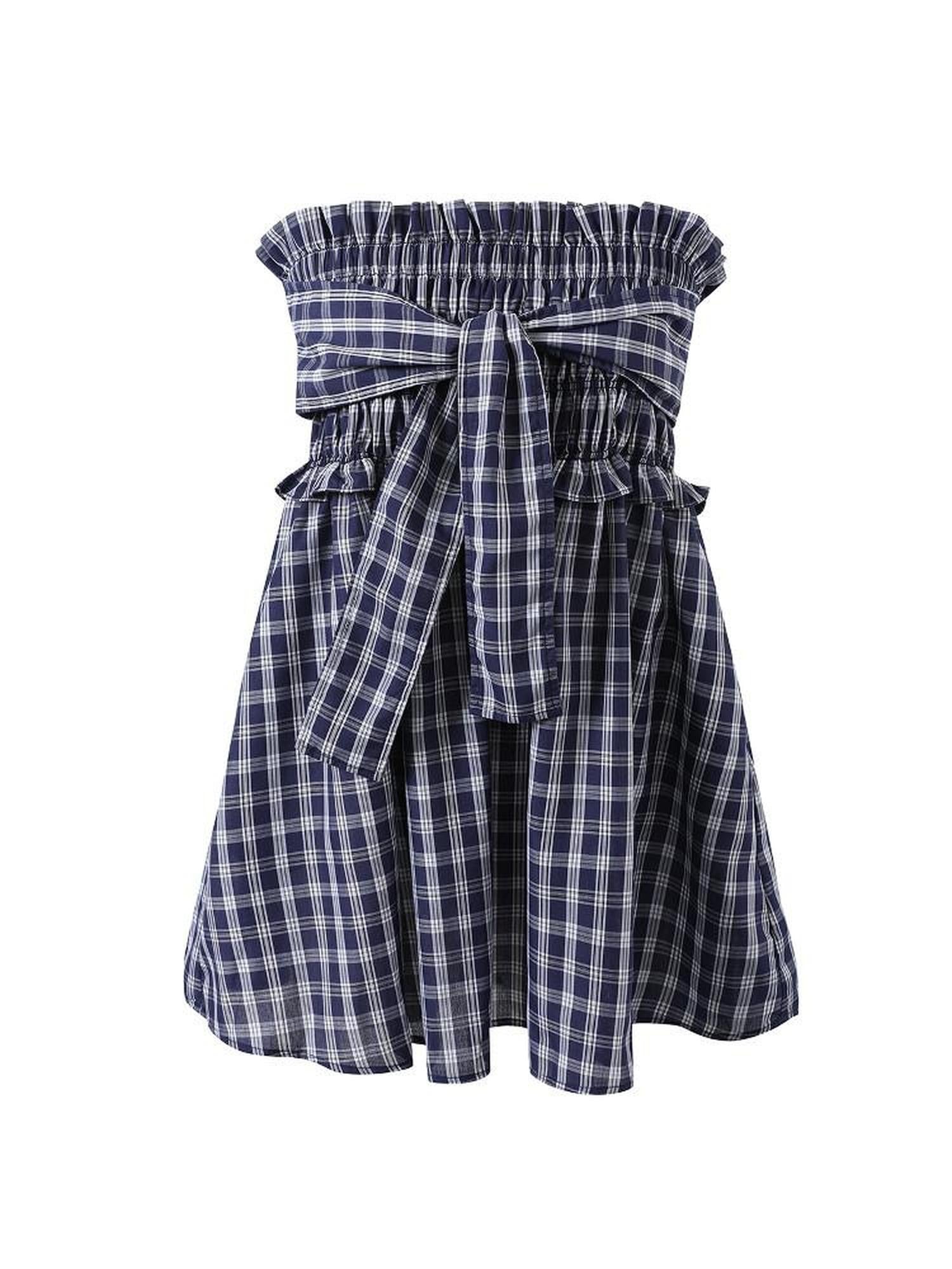 7Shiftin Plaid Strapless Two Piece Set Casual Slim Women&