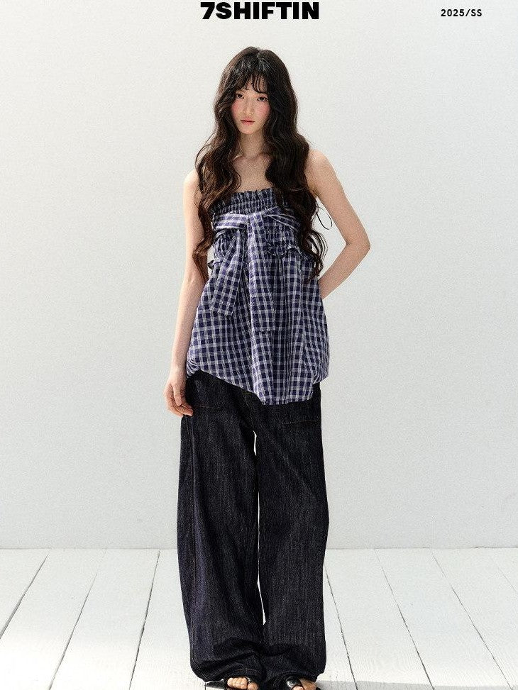 7Shiftin Plaid Strapless Two Piece Set Casual Slim Women&