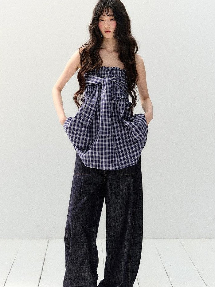 7Shiftin Plaid Strapless Two Piece Set Casual Slim Women&
