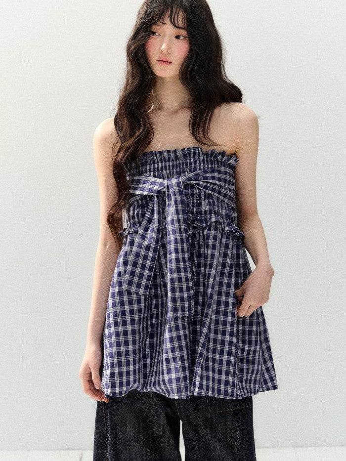 7Shiftin Plaid Strapless Two Piece Set Casual Slim Women&