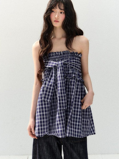 7Shiftin Plaid Strapless Two Piece Set Casual Slim Women&