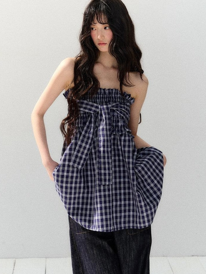 7Shiftin Plaid Strapless Two Piece Set Casual Slim Women&
