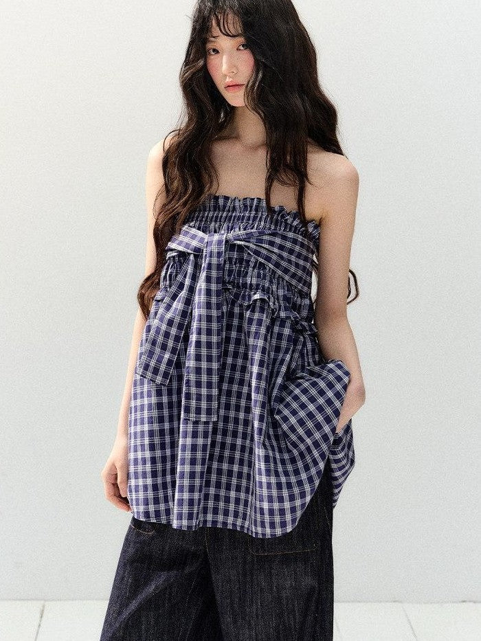 7Shiftin Plaid Strapless Two Piece Set Casual Slim Women&