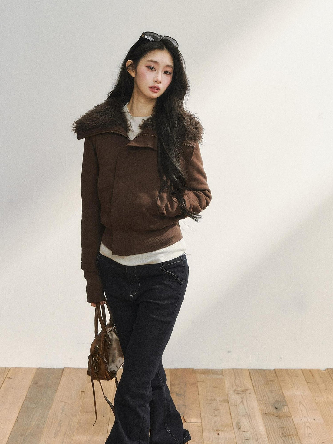 7Shiftin Plush Zippered Lapel Cinched Waist Long Sleeve Women&