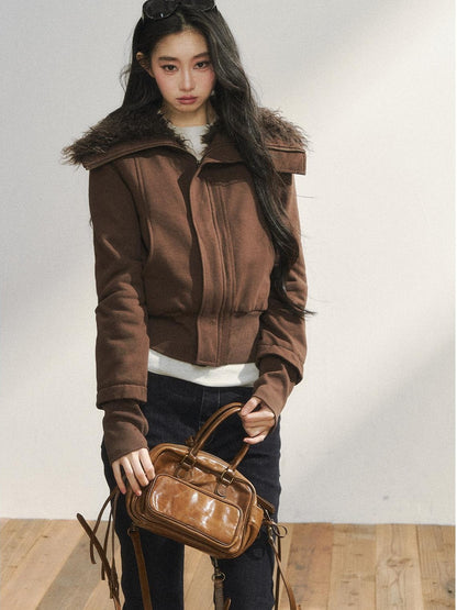 7Shiftin Plush Zippered Lapel Cinched Waist Long Sleeve Women&