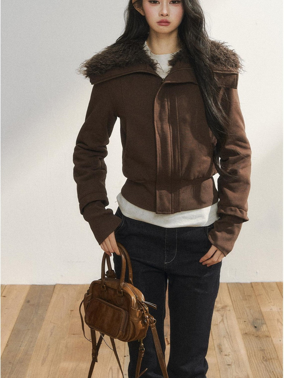 7Shiftin Plush Zippered Lapel Cinched Waist Long Sleeve Women&