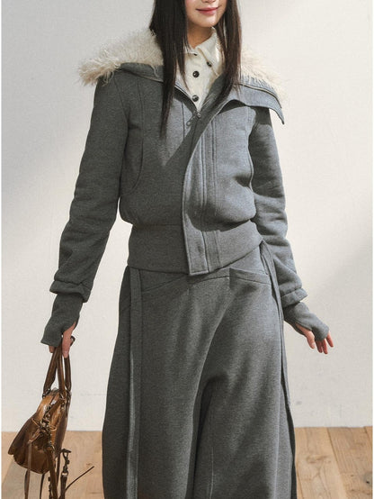 7Shiftin Plush Zippered Lapel Cinched Waist Long Sleeve Women&