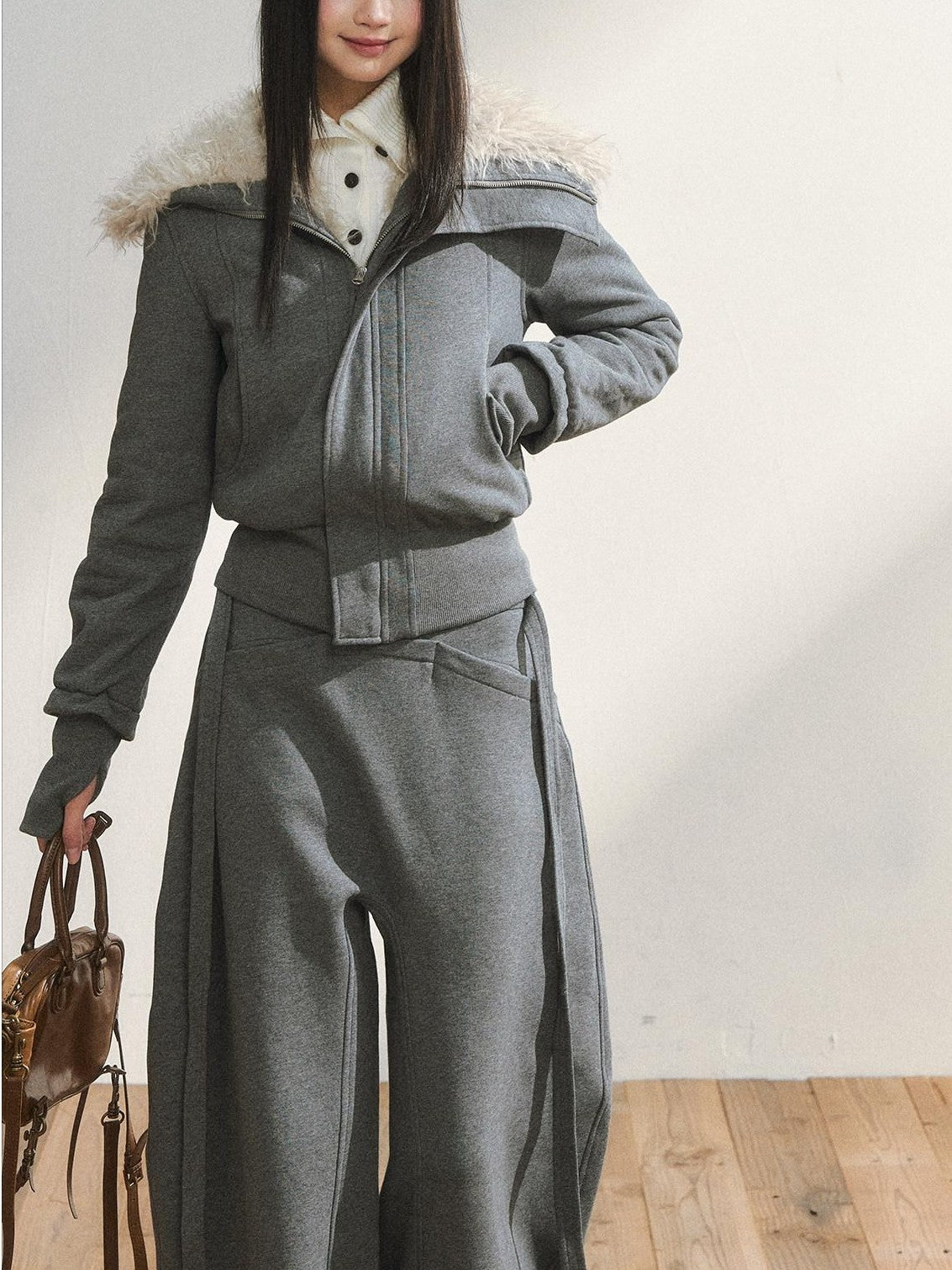 7Shiftin Plush Zippered Lapel Cinched Waist Long Sleeve Women&