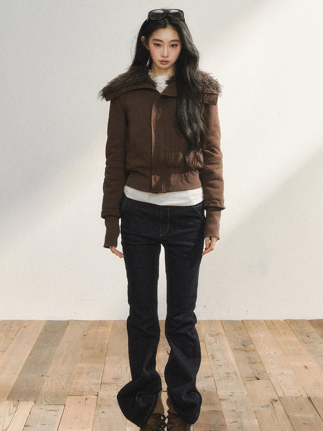 7Shiftin Plush Zippered Lapel Cinched Waist Long Sleeve Women&
