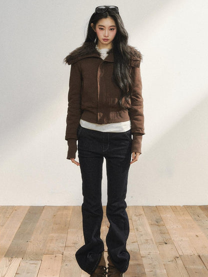 7Shiftin Plush Zippered Lapel Cinched Waist Long Sleeve Women&
